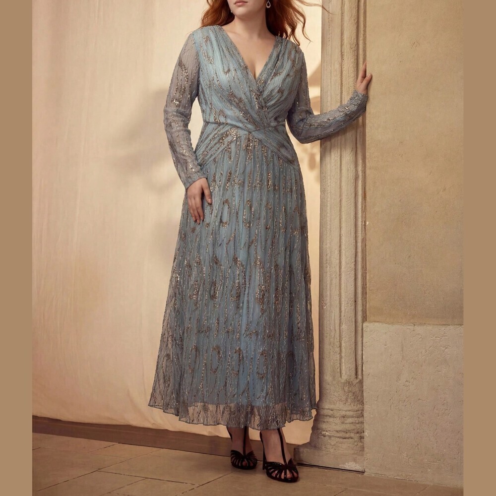 Dusty Blue Metallic Print Surplice V Neck Long Sleeve Maxi Dress